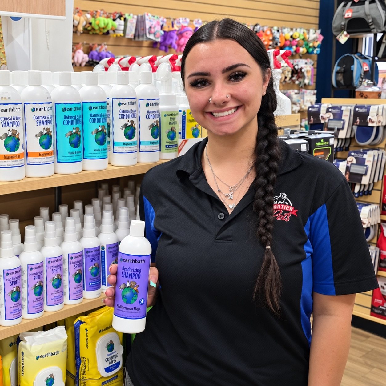 Frontier Pets team member holding earthbath shampoo in the grooming aisle at Frontier Pets in Cheyenne, Wyoming